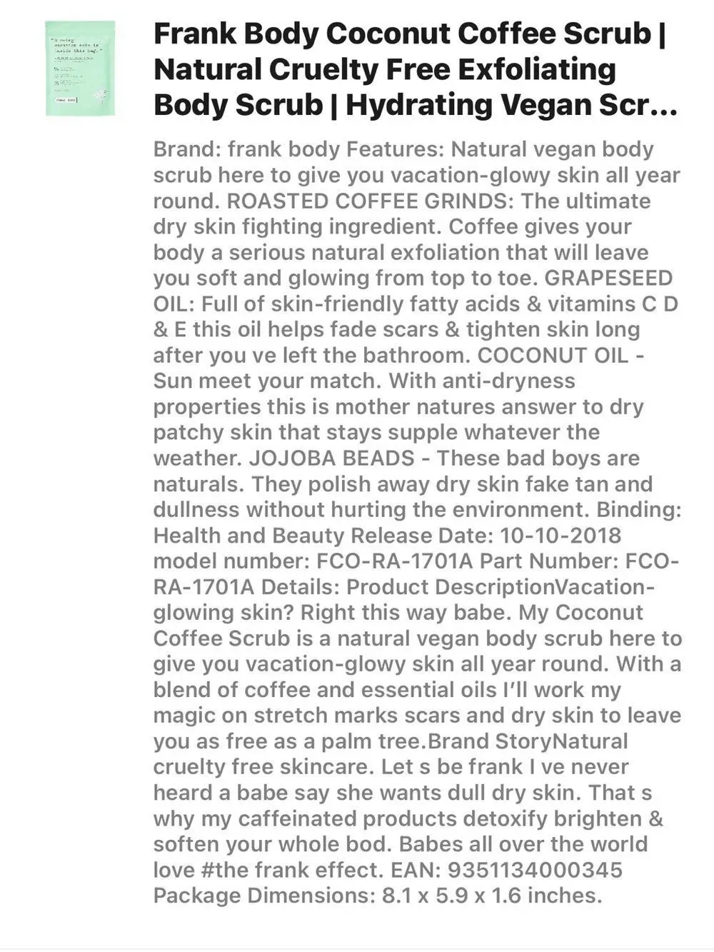 Frank Body Coconut Coffee Scrub Natural Vegan Exfoliating